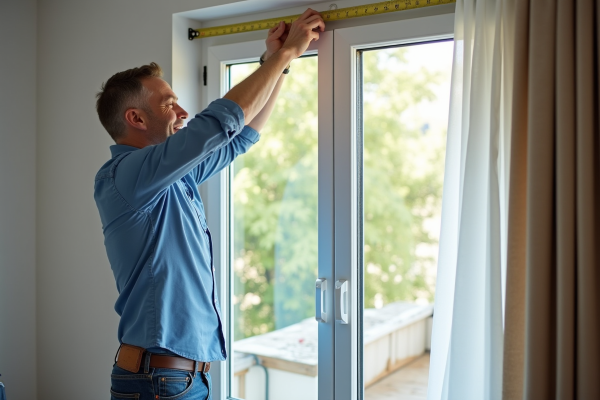 Homme mesurant au-dessus d'une fenêtre PVC pour un rideau