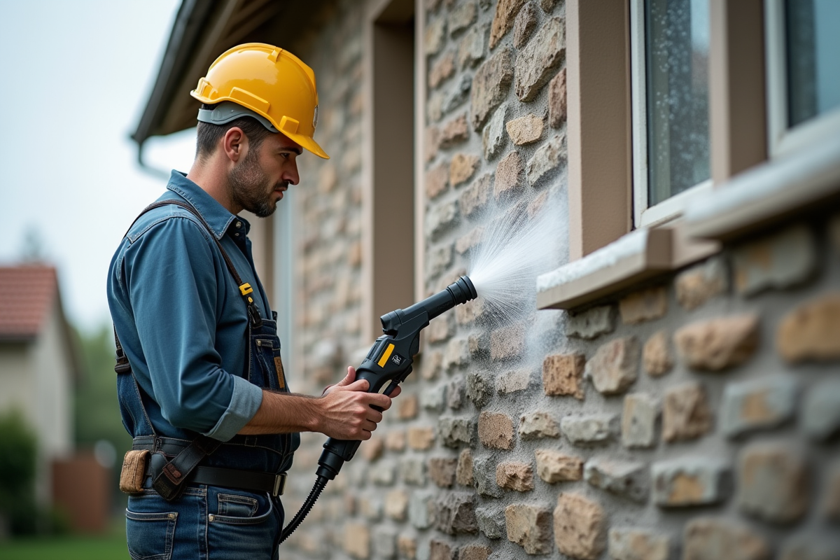 Homme en tenue casual nettoyant une facade de maison