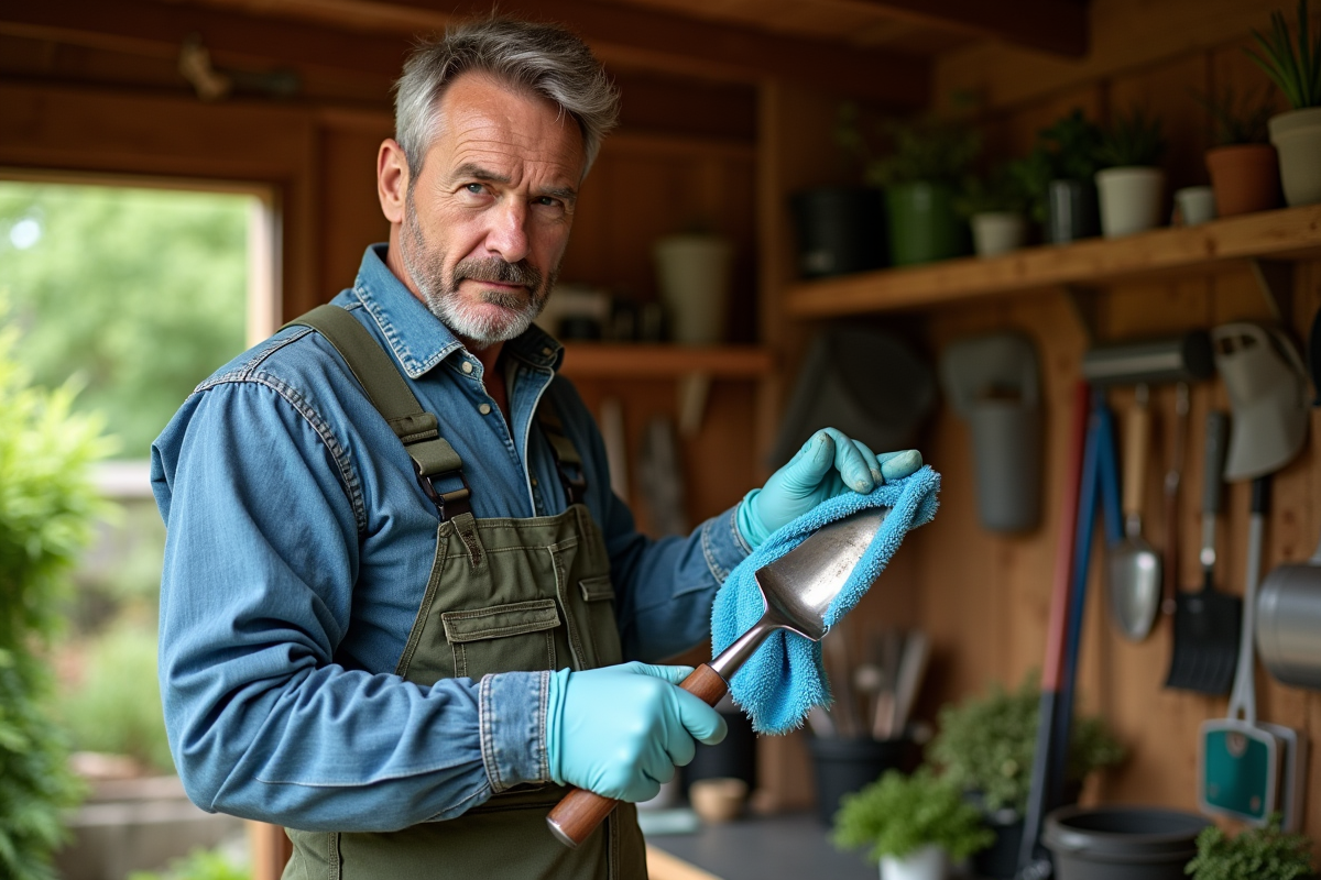 Homme en extérieur nettoyant un outil de jardinage avec un chiffon