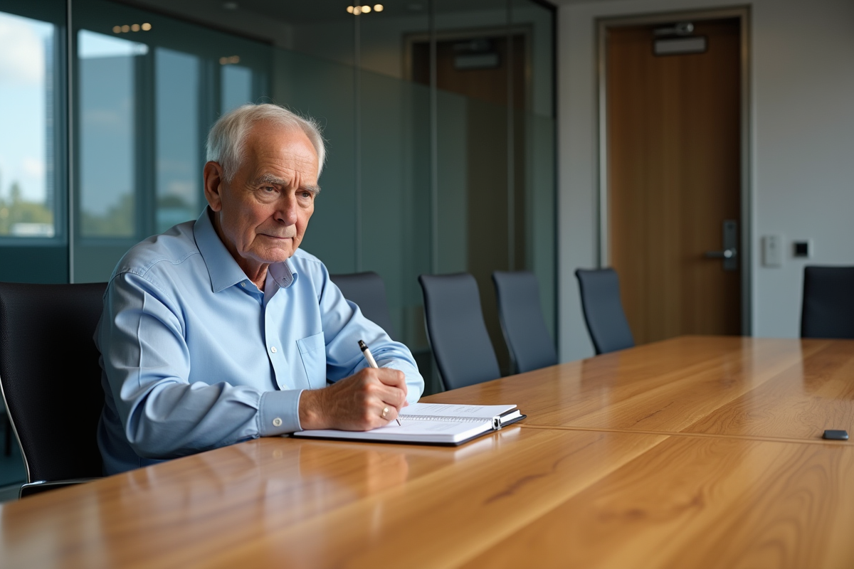 Homme âgé prenant des notes à une grande table de réunion