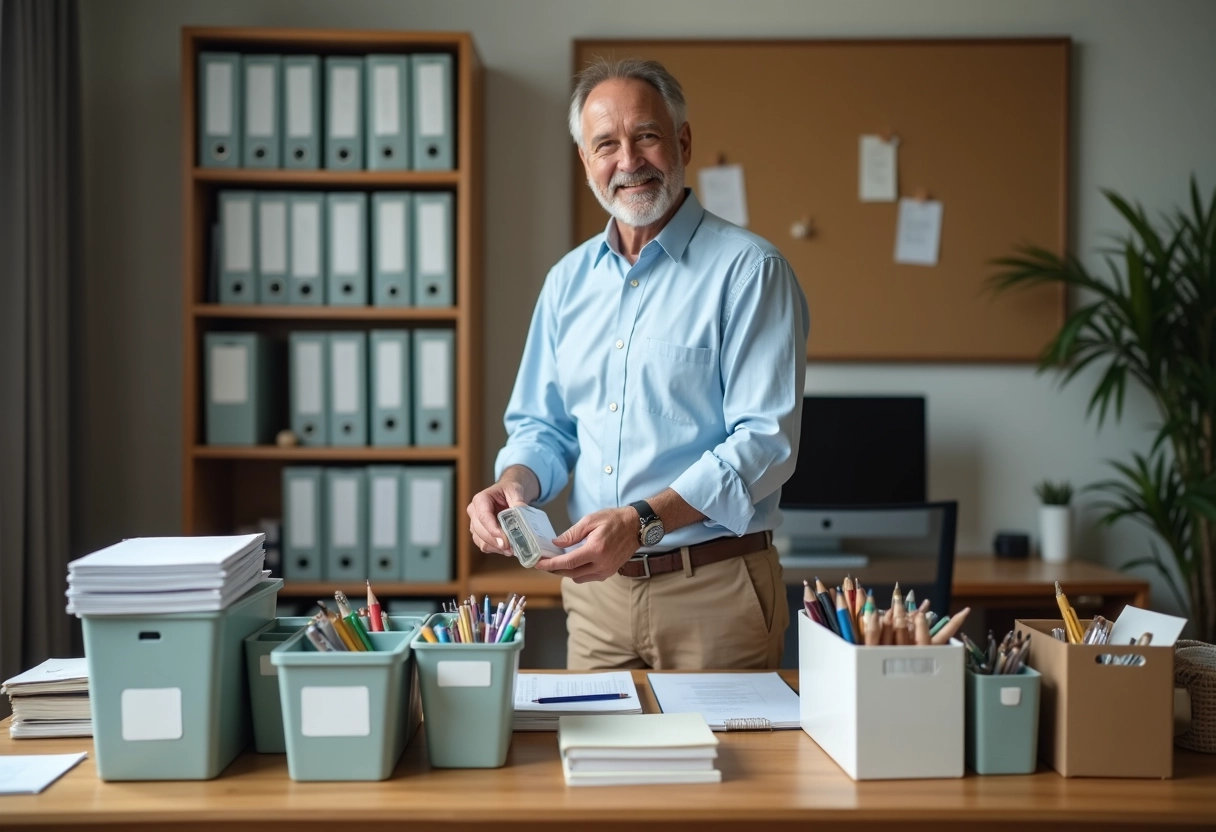 Homme arrangeant des fournitures de bureau dans un espace de travail