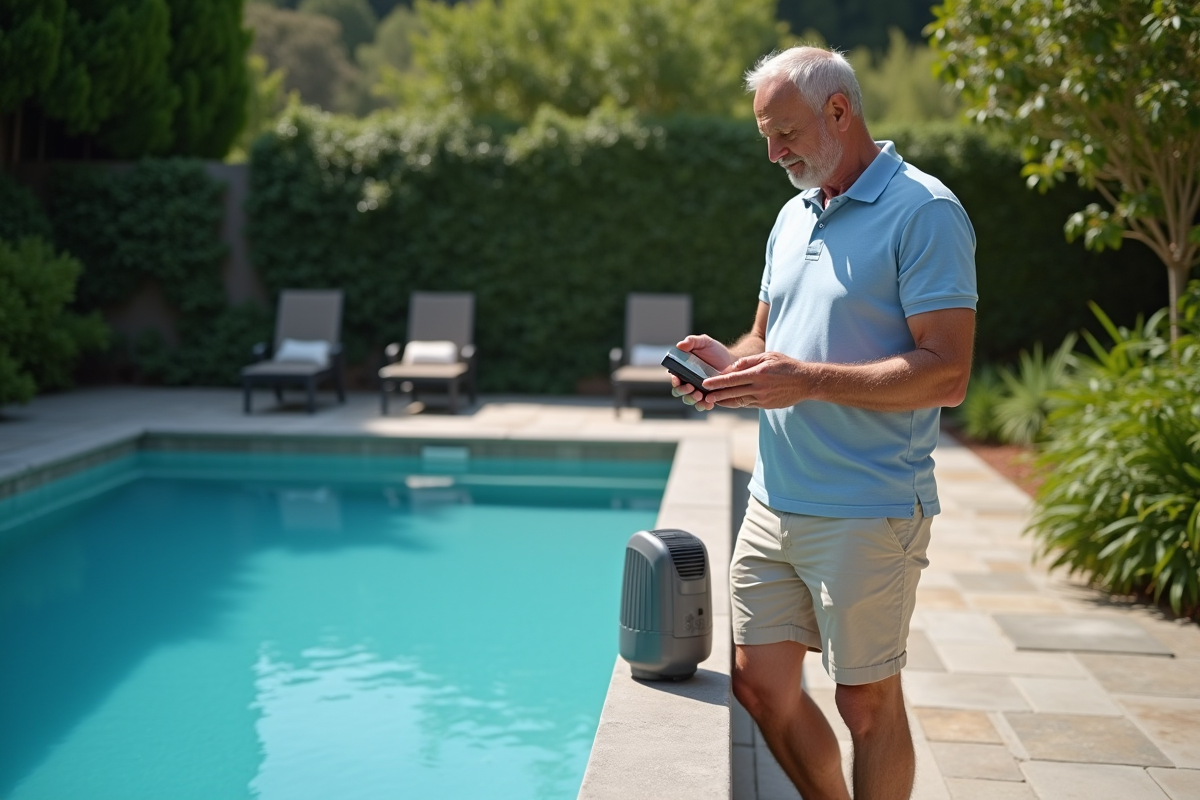 Homme d'âge moyen près d'une piscine moderne en extérieur