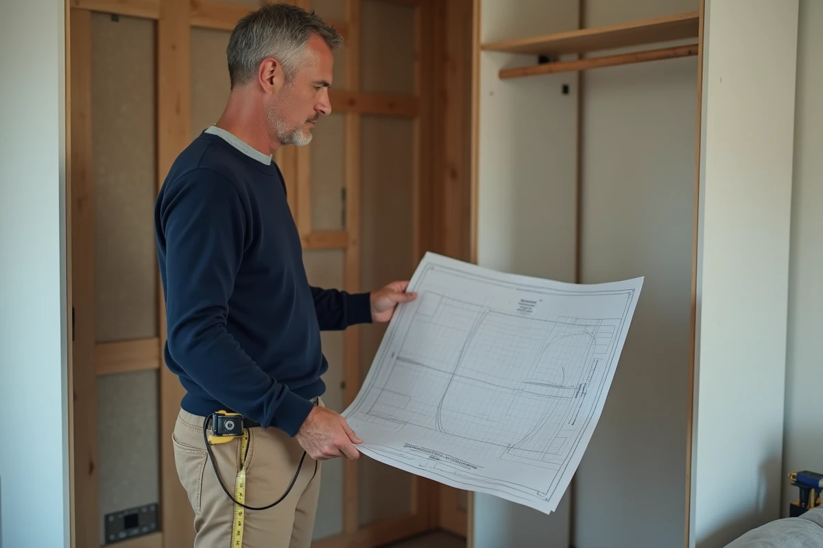 Homme comparant son plan de dressing dessiné sur papier millimétré avec l'espace réel d'un placard en rénovation