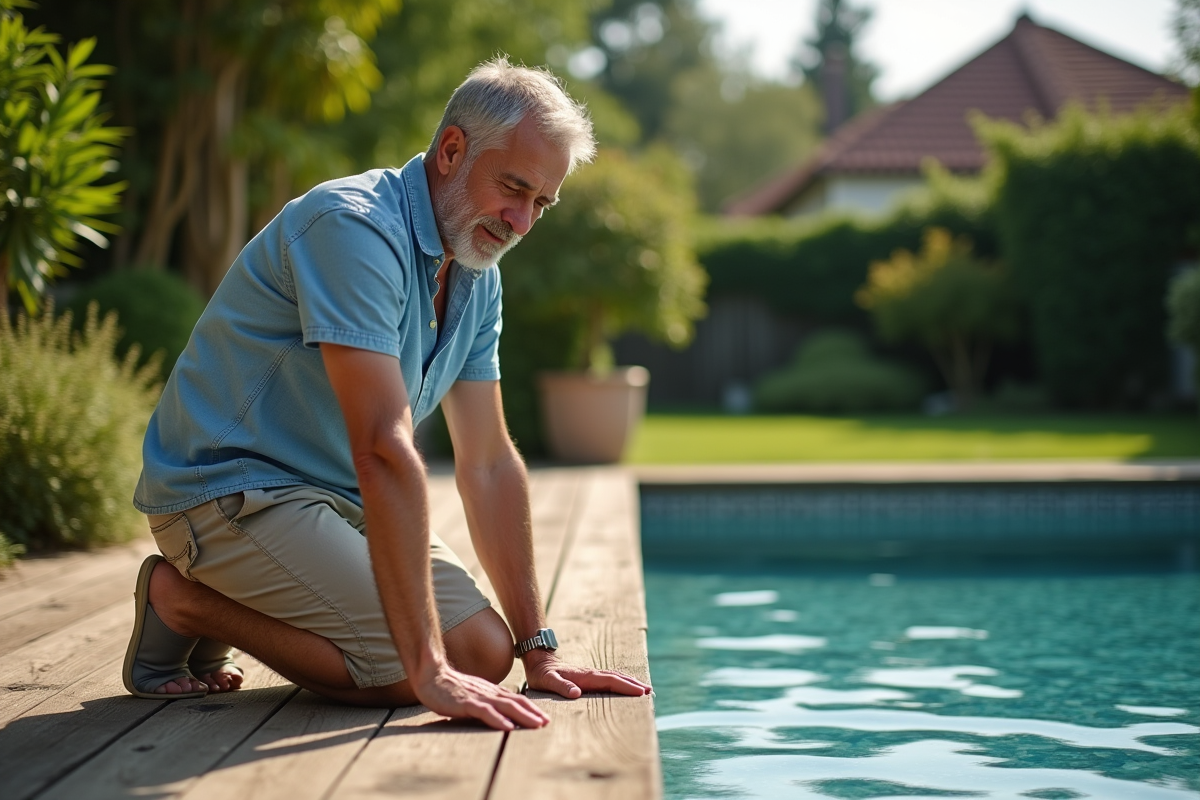 Homme d'âge moyen touchant le bois du bassin extérieur