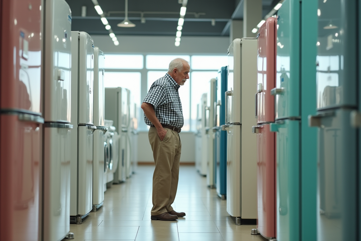 Homme âgé comparant deux réfrigérateurs dans un showroom
