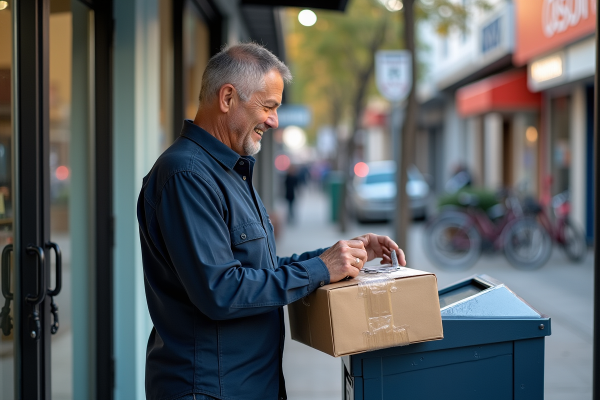 Homme scellant un colis dans un point de dépôt postal en ville