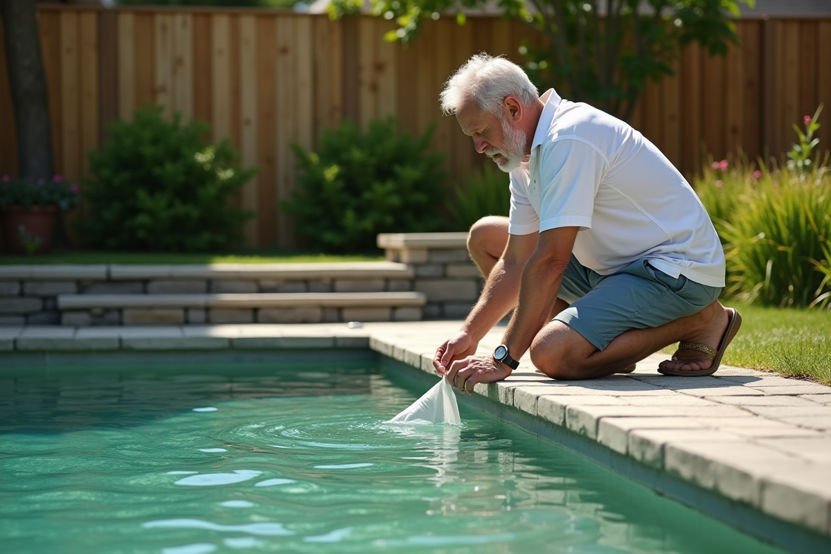 Homme testant l'eau de la piscine dans le jardin