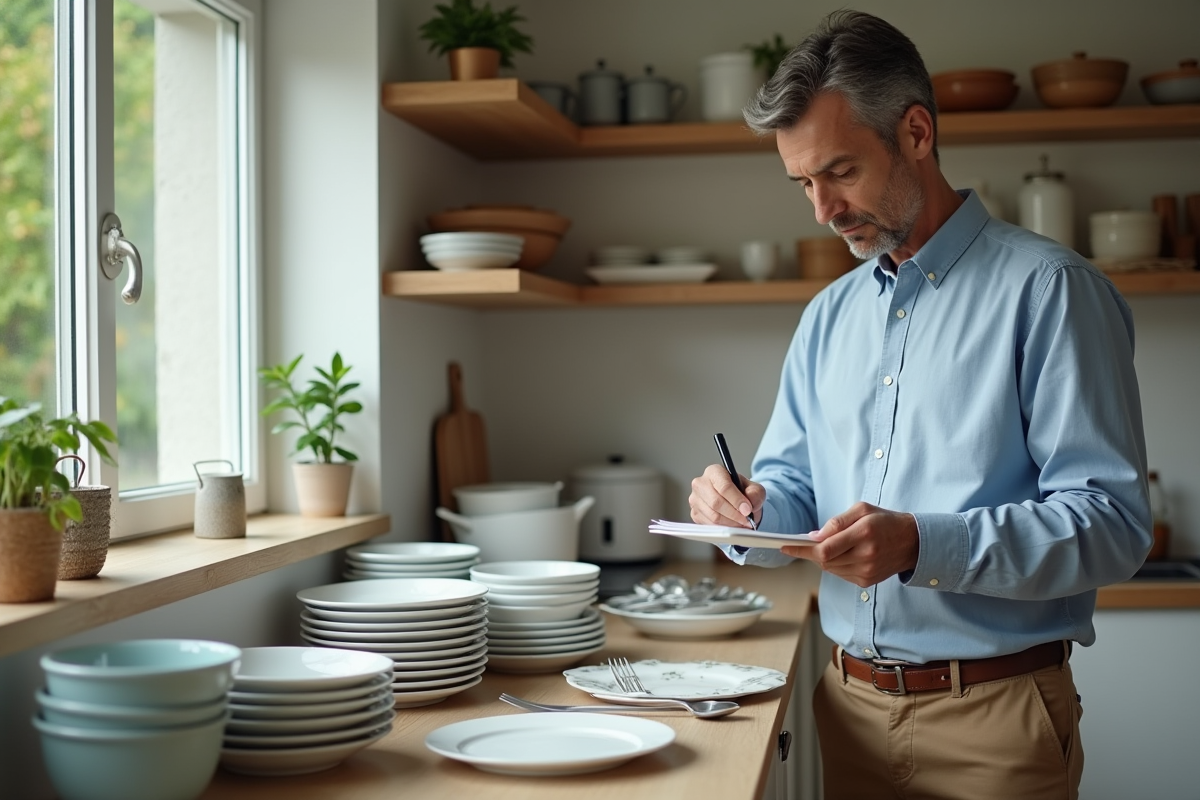 Homme faisant des notes en triant la vaisselle dans la cuisine