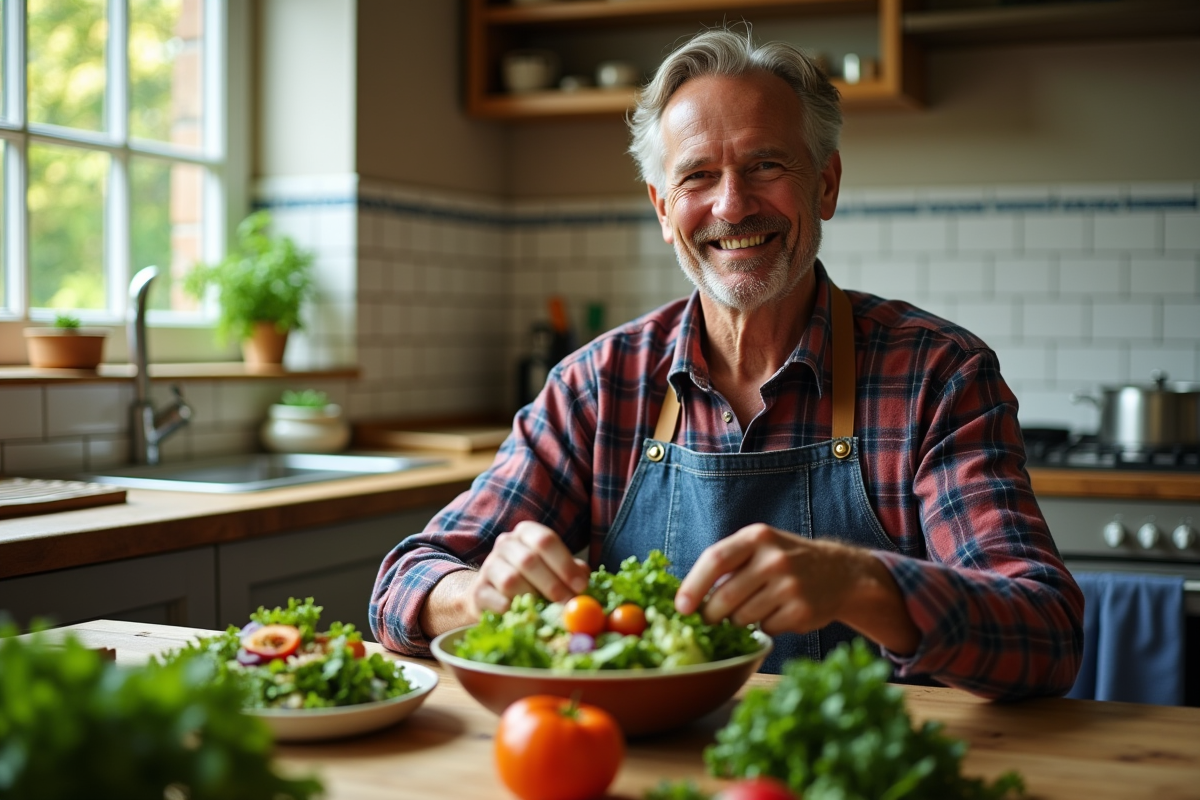 Homme préparant une salade dans sa cuisine écologique
