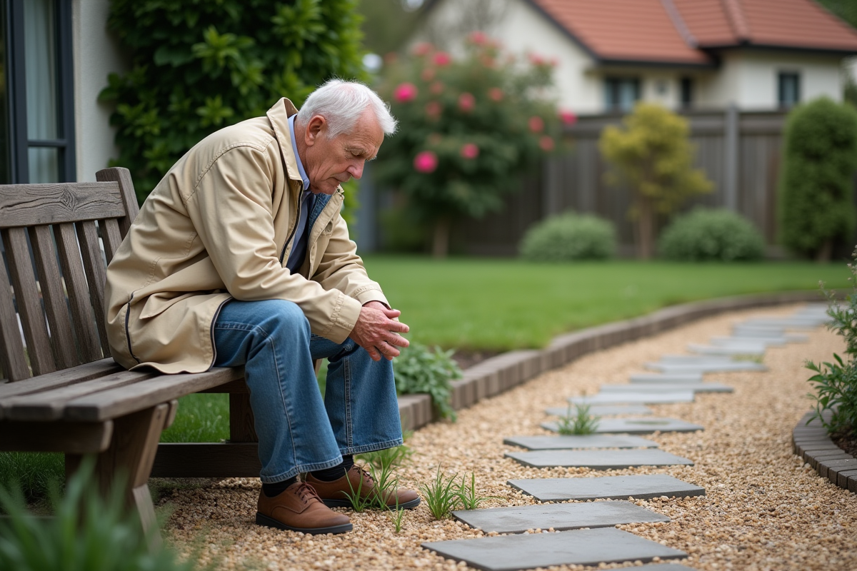 Homme âgé inspecte les mauvaises herbes entre les pavés