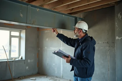 Ingénieur structure inspectant une poutre en fer apparente dans un bâtiment en rénovation