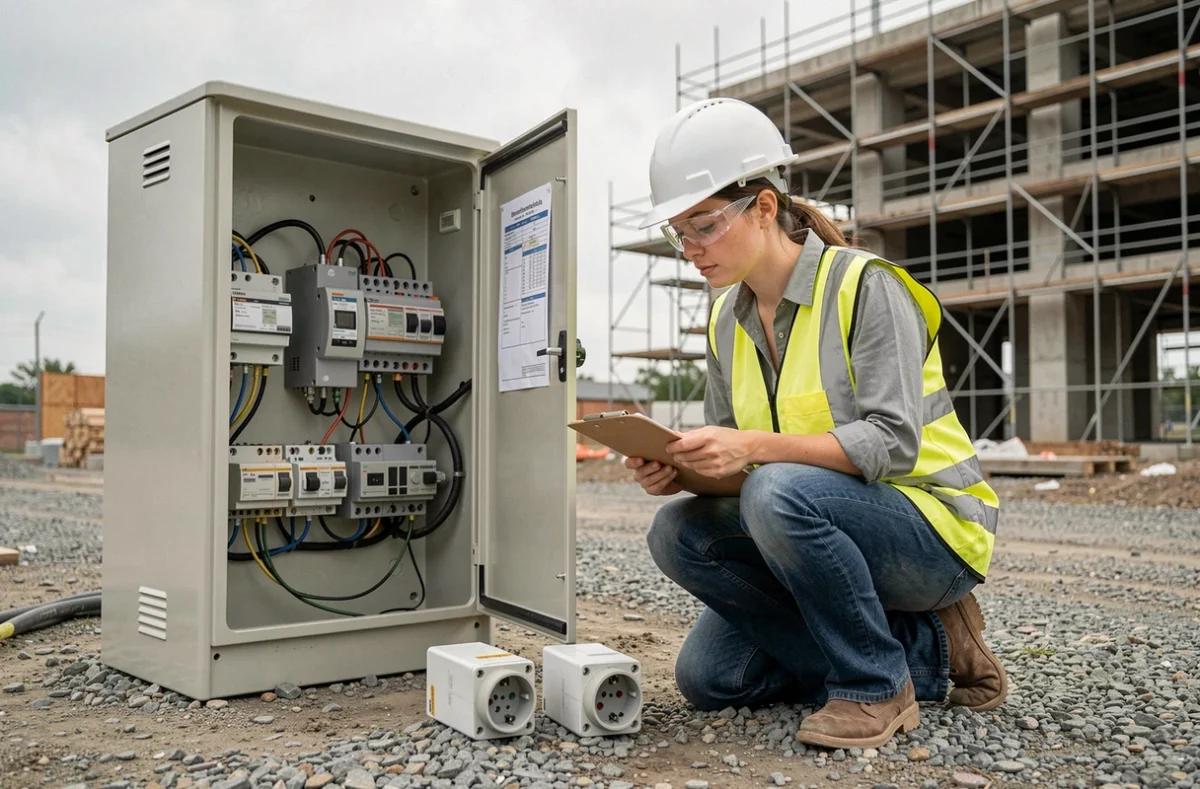 Ingénieure électricienne comparant deux prises triphasées 4 fils sur un chantier industriel extérieur