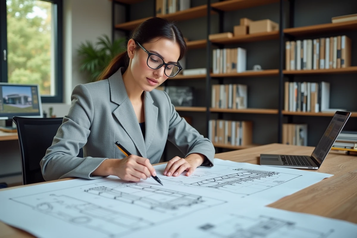 Architecte ou ingénieure structure analysant des plans de calcul pour une poutre en fer dans un bureau technique