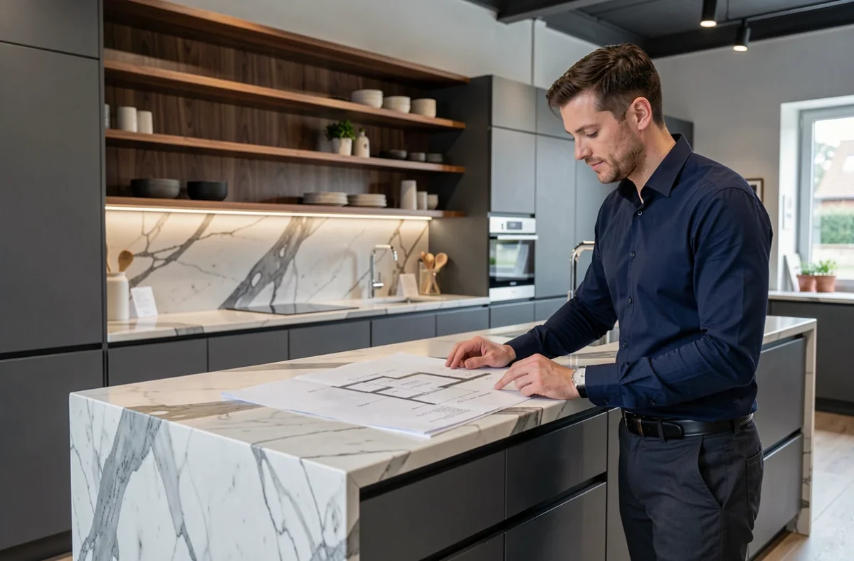 Showroom Inova Cuisine Strasbourg proposant une cuisine sur mesure en anthracite mat avec plan de travail en marbre et étagères en noyer