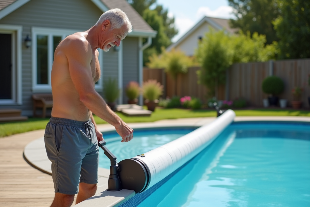 Homme d'âge moyen inspectant un rouleau de couverture de piscine
