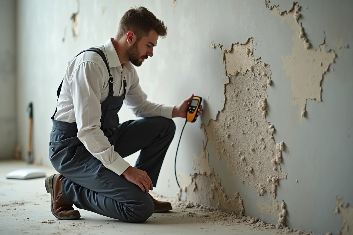 Jeune homme professionnel examine un mur humide en r&eacute;novation