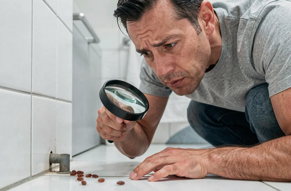 Personne inspectant des pupes de mouche sur le sol de sa salle de bain avec une loupe, inquiète d'une possible infestation