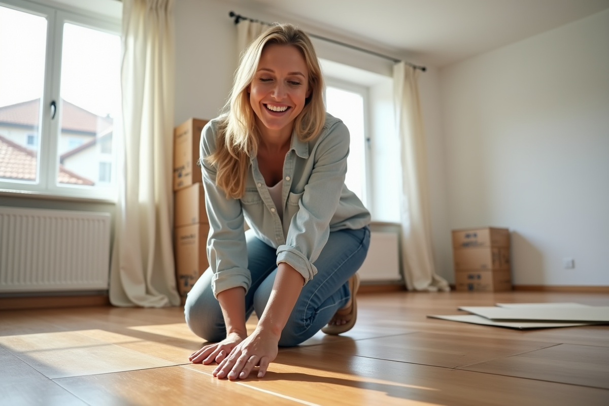 Femme souriante installant un parquet dans un salon lumineux