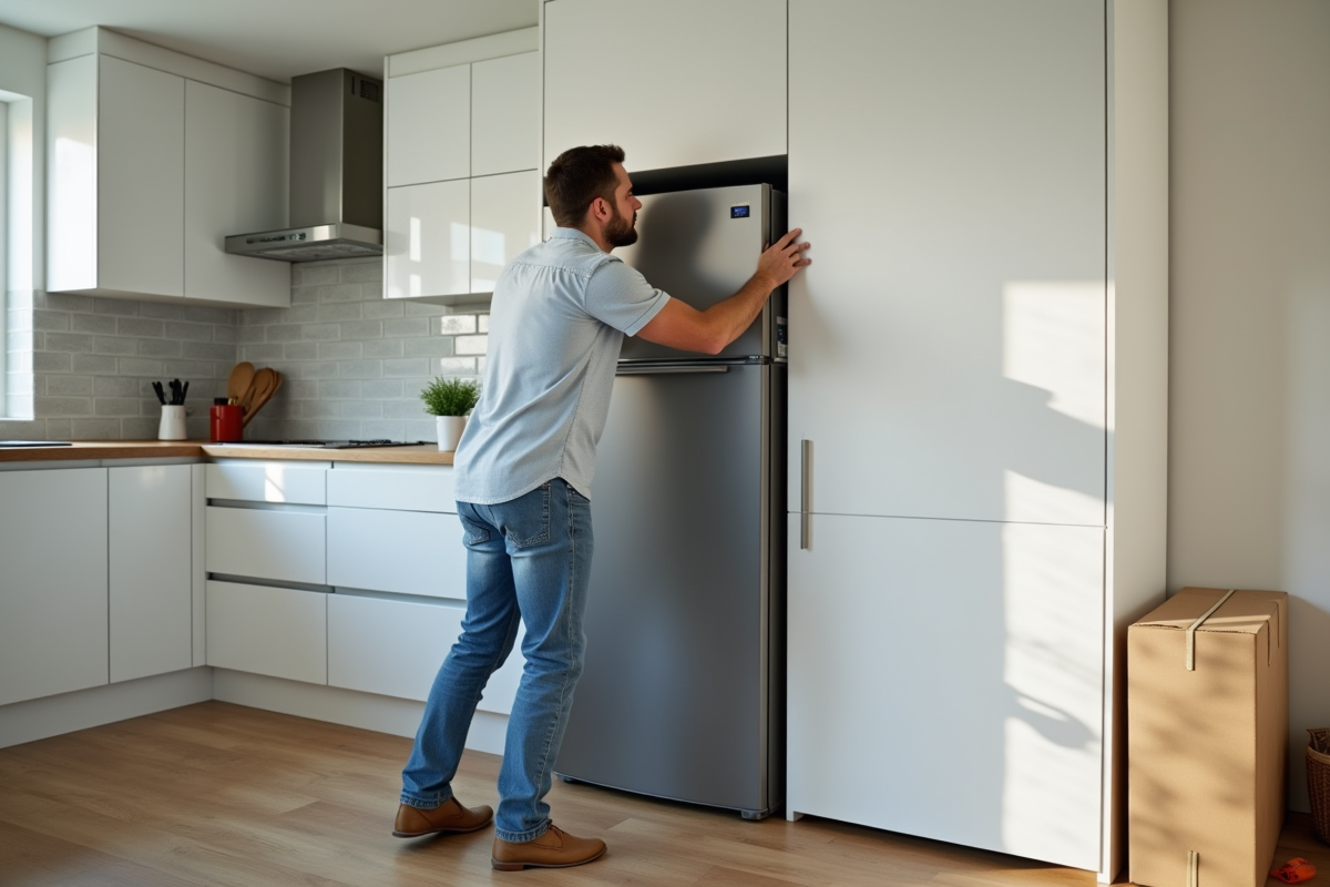 Homme moyenâgeux installant un réfrigérateur dans une cuisine moderne