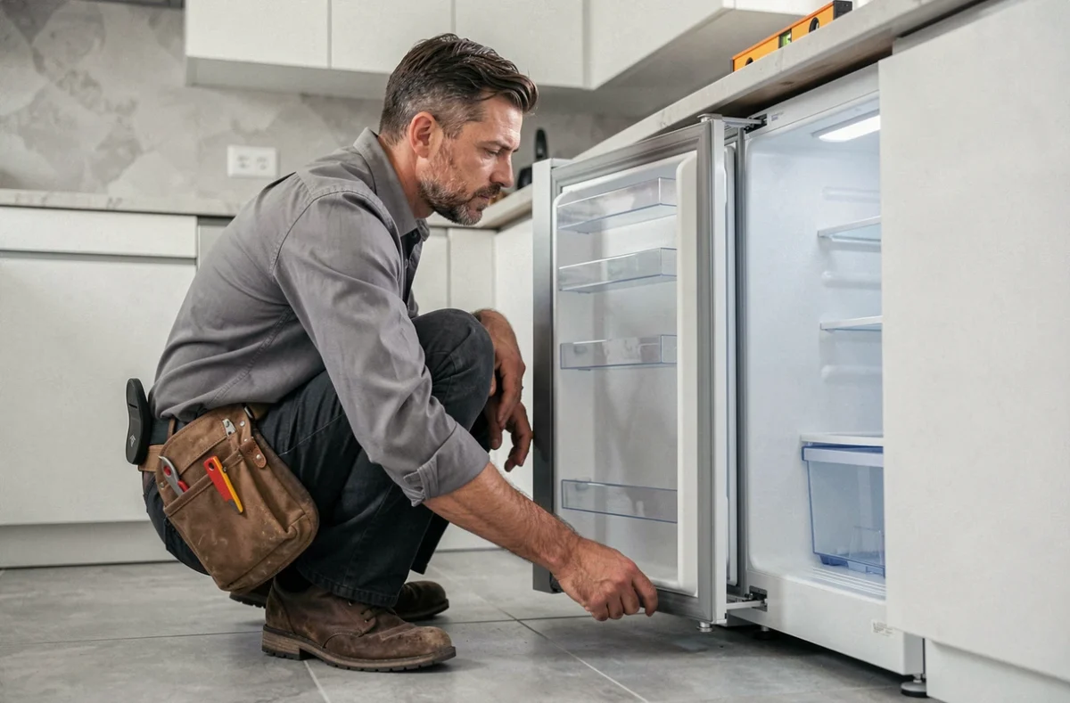 Technicien en train de régler les pieds d'un réfrigérateur ouvert lors de son installation dans une cuisine moderne