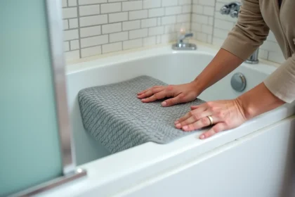 Femme installant un tapis antidérapant de bain en appuyant fermement sur les ventouses dans une baignoire blanche moderne