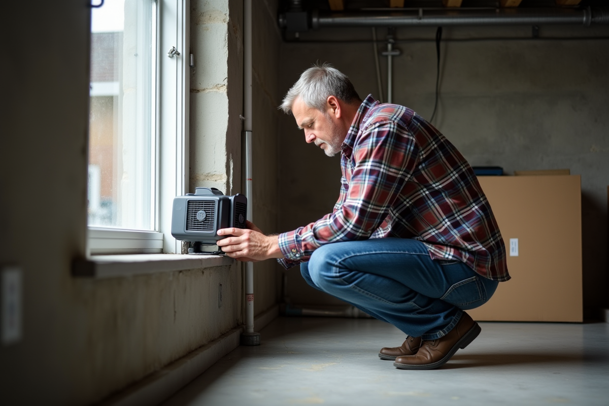 Homme moyenâgeux installant un ventilateur dans un sous-sol