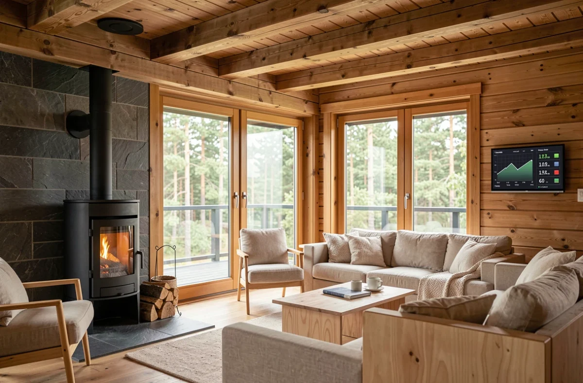 Intérieur chaleureux d'un chalet en bois de 80m2 avec poêle à bois, poutres apparentes et système de monitoring énergétique autonome