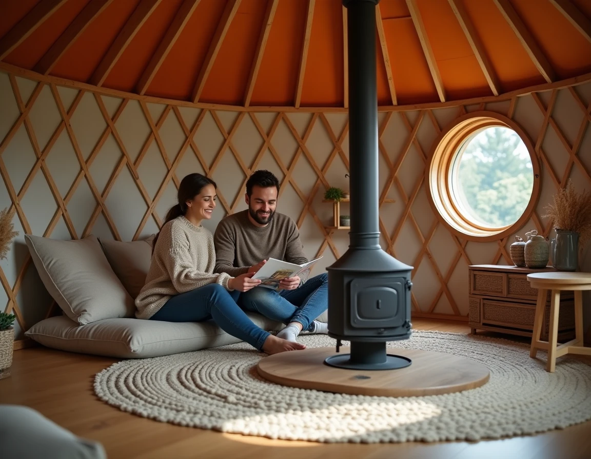 Couple installé à l'intérieur d'une yourte en bois aménagée, explorant un catalogue d'achat près d'un poêle en fonte sur plancher bois