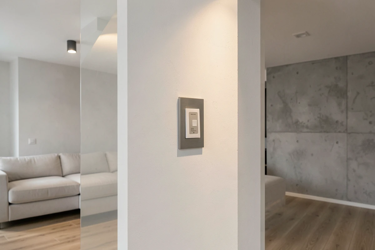 Interrupteur poussoir encastré dans un mur blanc avec spot LED intégré dans un salon moderne