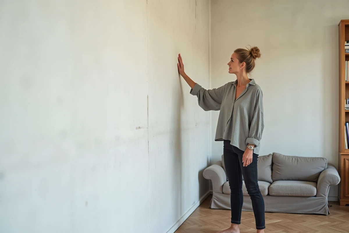 Femme dans un salon rénové testant l'isolation acoustique de son mur intérieur fraîchement isolé avec la paume de la main