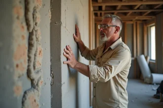Artisan posant un panneau de laine minérale sur un mur intérieur en brique lors de travaux d'isolation thermique et acoustique