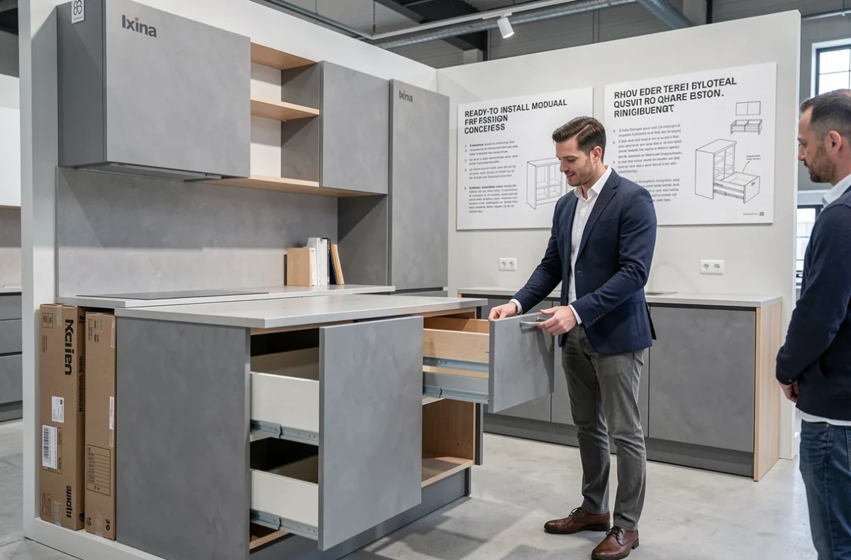 Espace Ixina Strasbourg présentant le concept cuisine prête à poser en gris pierre mat avec démonstration d'un meuble pré-assemblé