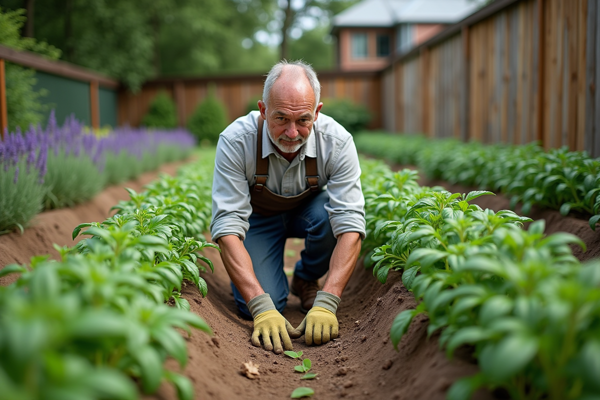 Homme d'âge moyen jardinant avec des plantes aromatiques