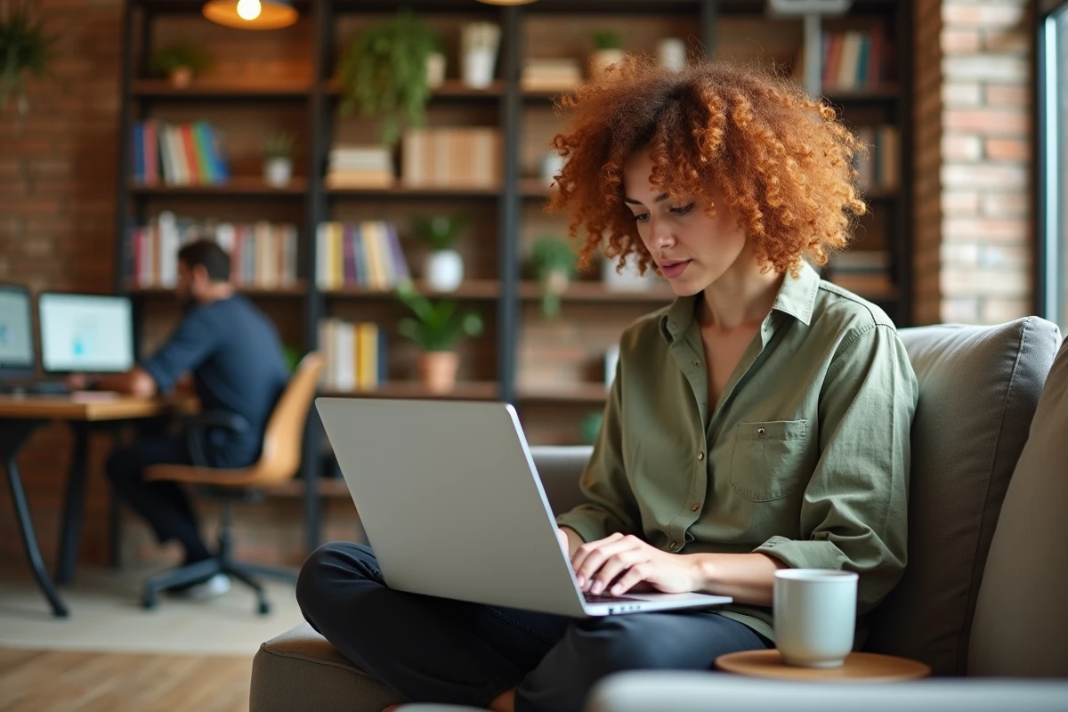 Jeune cheffe de projet utilisant un logiciel de gestion agile sur son ordinateur dans un espace de coworking