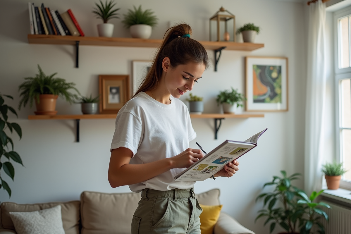 Jeune femme fixe une étagère dans son salon moderne