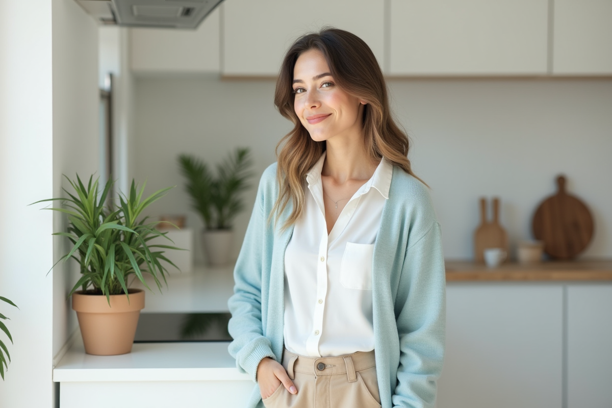 Jeune femme souriante dans une cuisine moderne et lumineuse