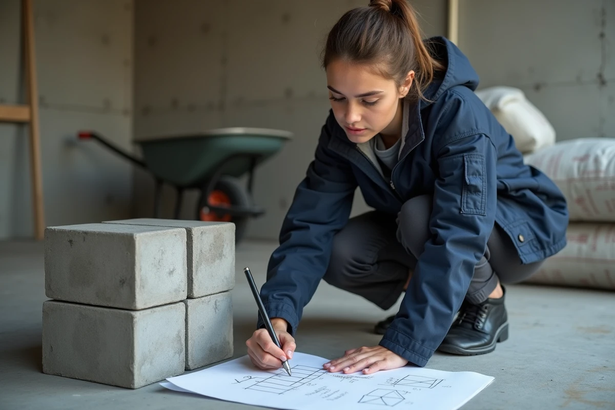 Jeune femme dessinant des formes sur du papier dans un garage