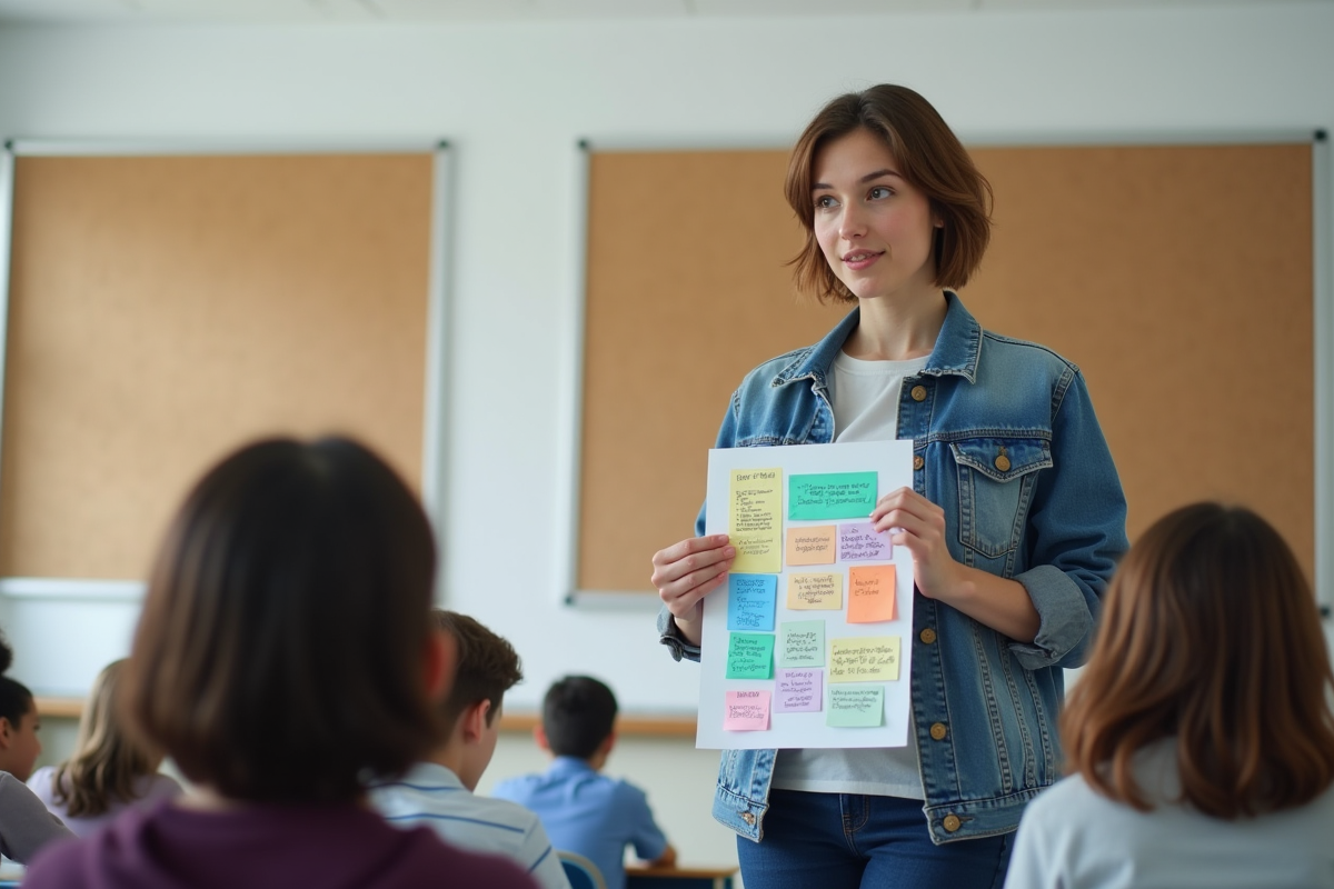Jeune femme expliquant une affiche éducative en classe