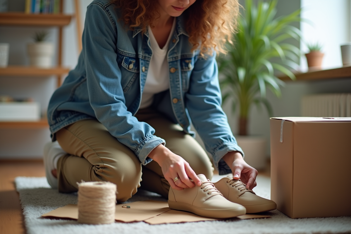 Jeune femme emballant des chaussures dans un appartement moderne