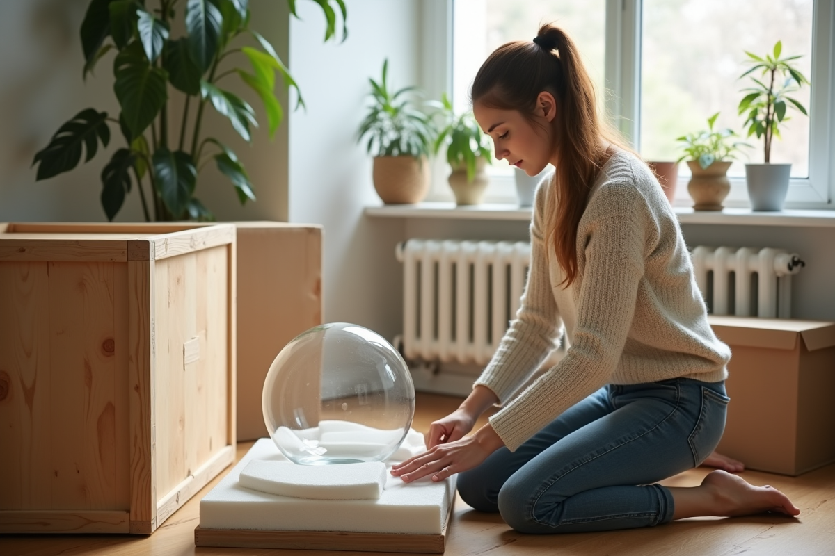 Jeune femme emballant une sculpture en verre dans un salon