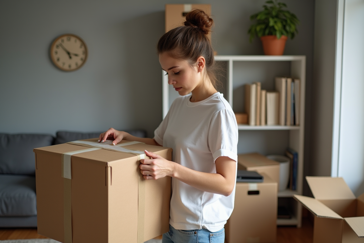 Jeune femme emballant une boxe dans un appartement moderne