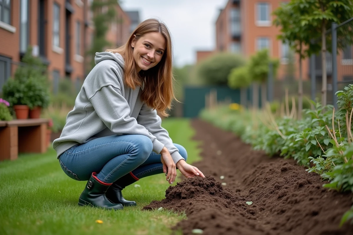 Jeune femme en jeans examinant des bouchons de terre dans un jardin urbain