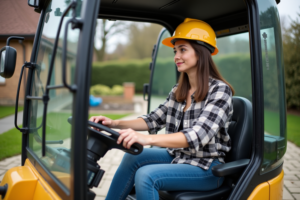 Jeune femme dans la cabine d’un miniexcavator