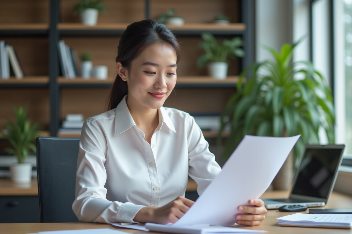 Jeune femme professionnelle organise des documents au bureau