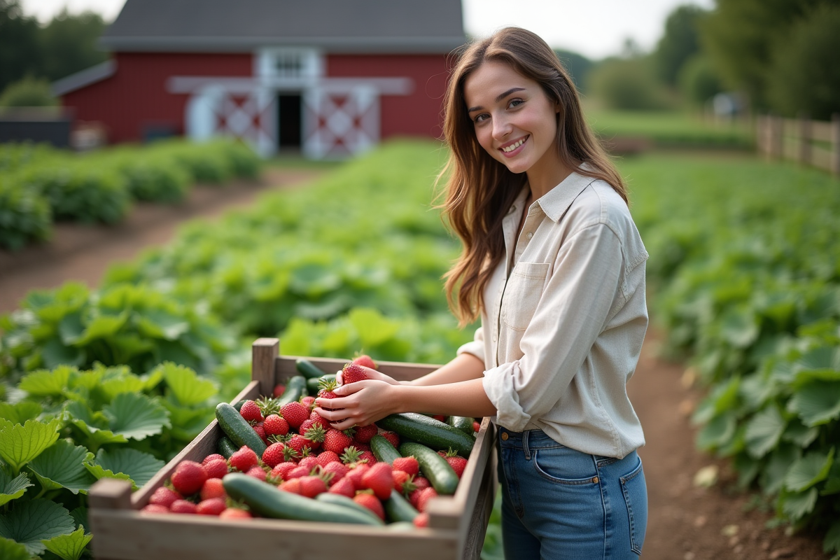 Jeune femme récoltant des fraises et concombres dans le jardin