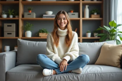 Jeune femme souriante dans un appartement compact et moderne
