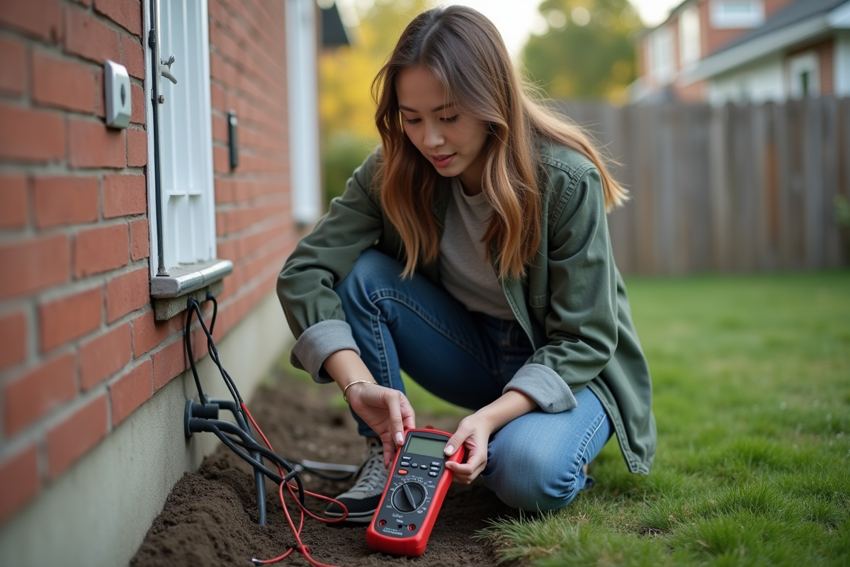 Jeune femme testant une tige de terre avec un multimètre dans le jardin