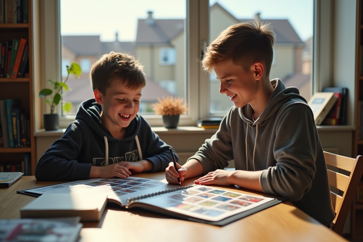 Adolescent montrant sa collection de cartes sportives à un ami