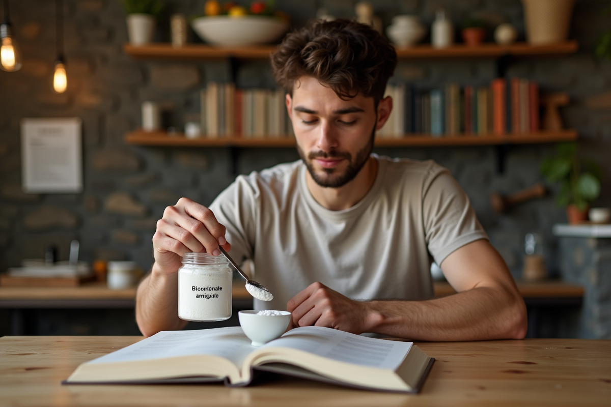 Jeune homme versant bicarbonate dans un bol à la maison