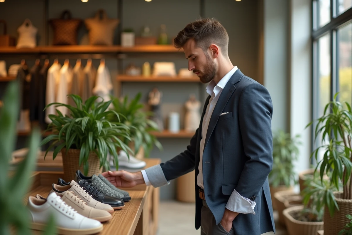 Jeune homme regardant des chaussures &eacute;cologiques en boutique